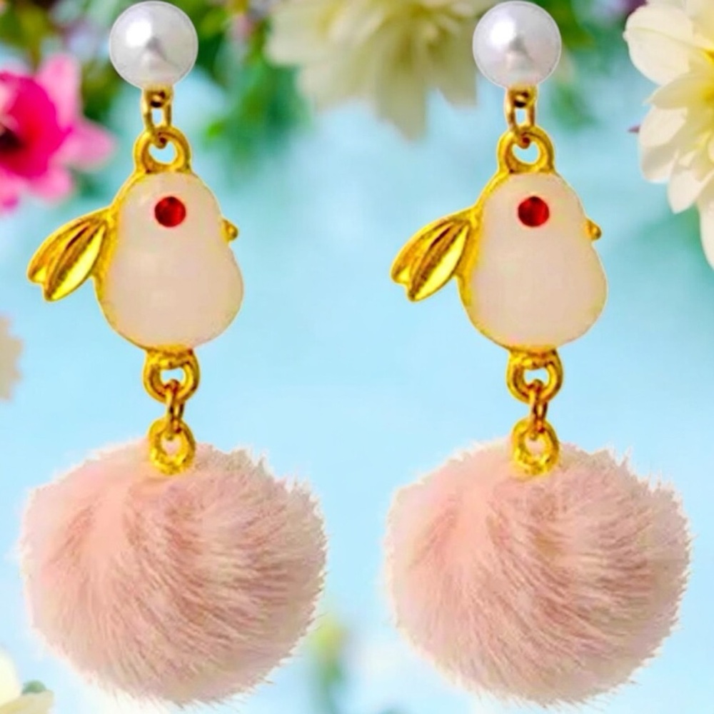 Bunny Rabbit Faux Pearl & Fur, Pink, White, Gold Stud Dangle Earrings Easter - Picture 3 of 5
